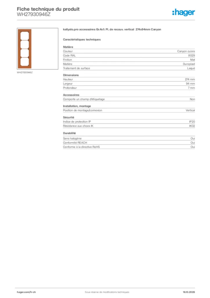 Image Hager Fiche technique du produit WH27930946Z | Hager Suisse