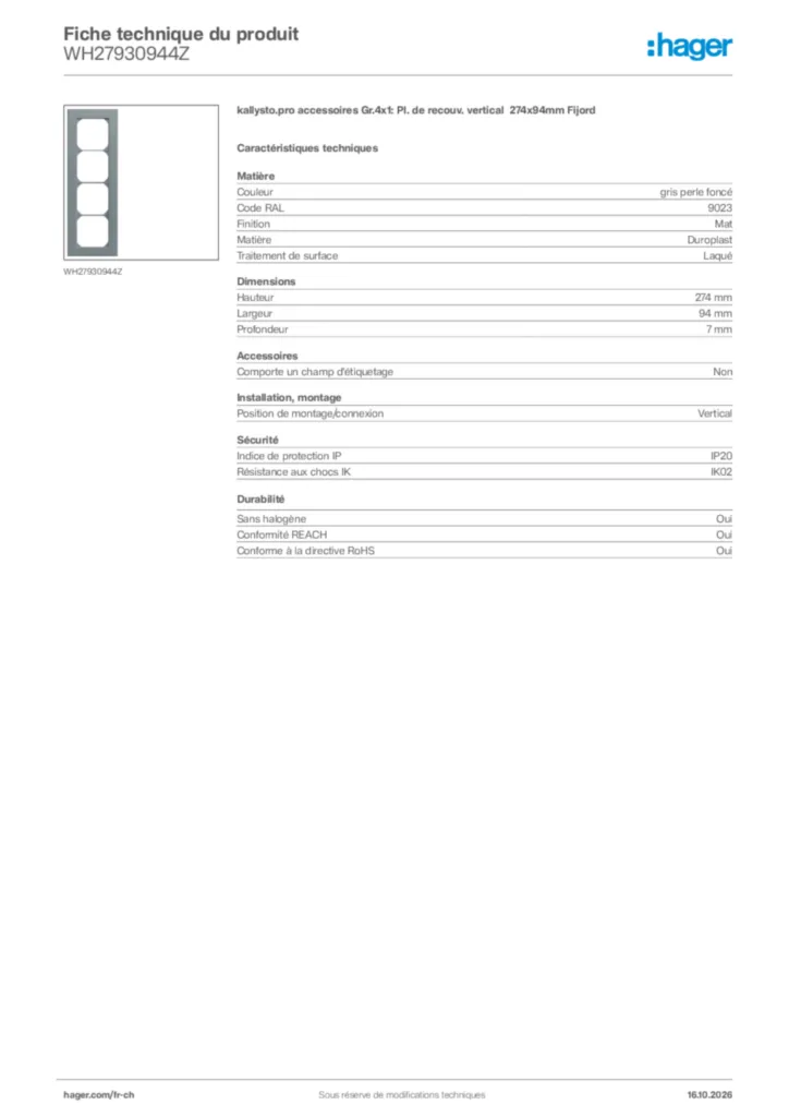Image Hager Fiche technique du produit WH27930944Z | Hager Suisse
