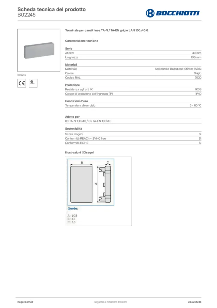 Immagine Bocchiotti Scheda tecnica del prodotto B02245 | Hager Italia