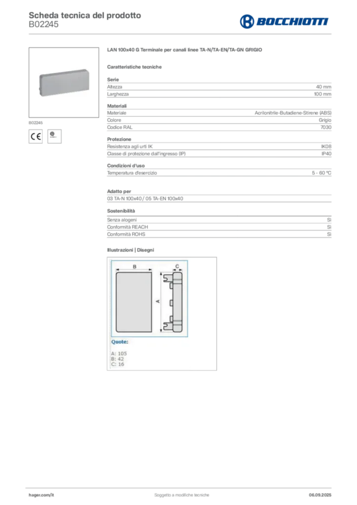 Immagine Bocchiotti Scheda tecnica del prodotto B02245 | Hager Italia