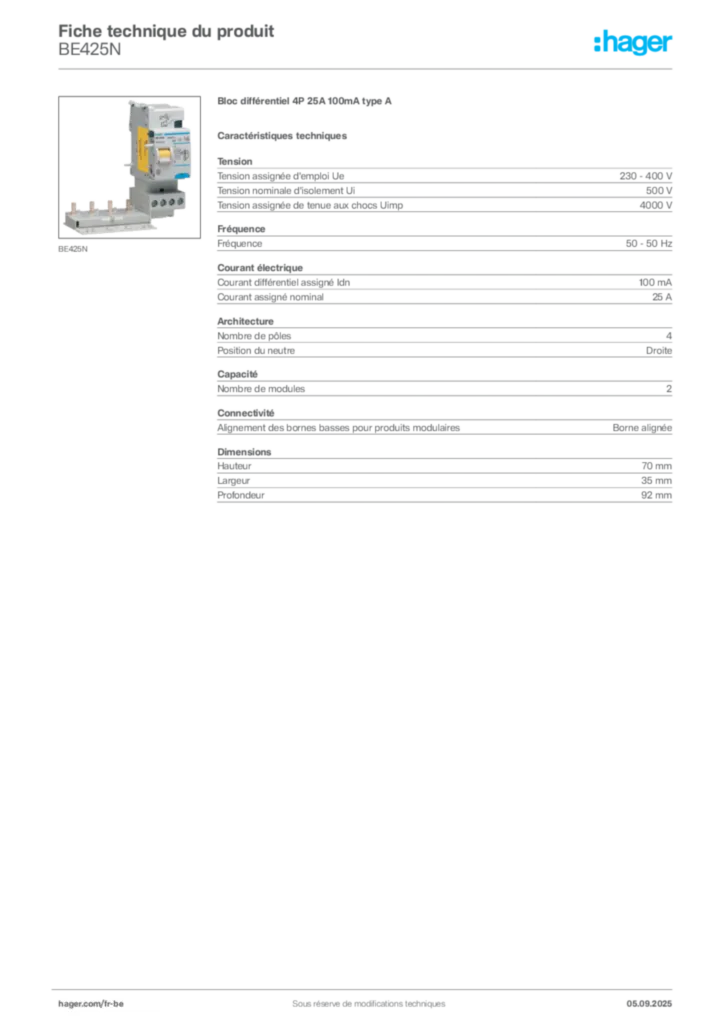 Image Hager Fiche technique du produit BE425N | Hager Belgique
