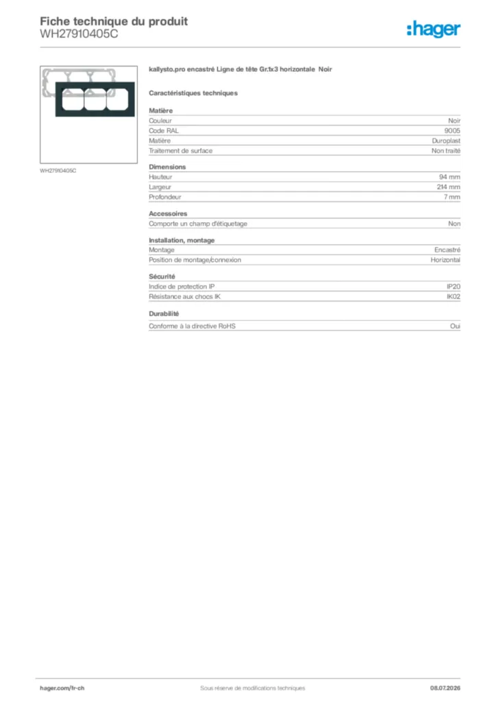 Image Hager Fiche technique du produit WH27910405C | Hager Suisse