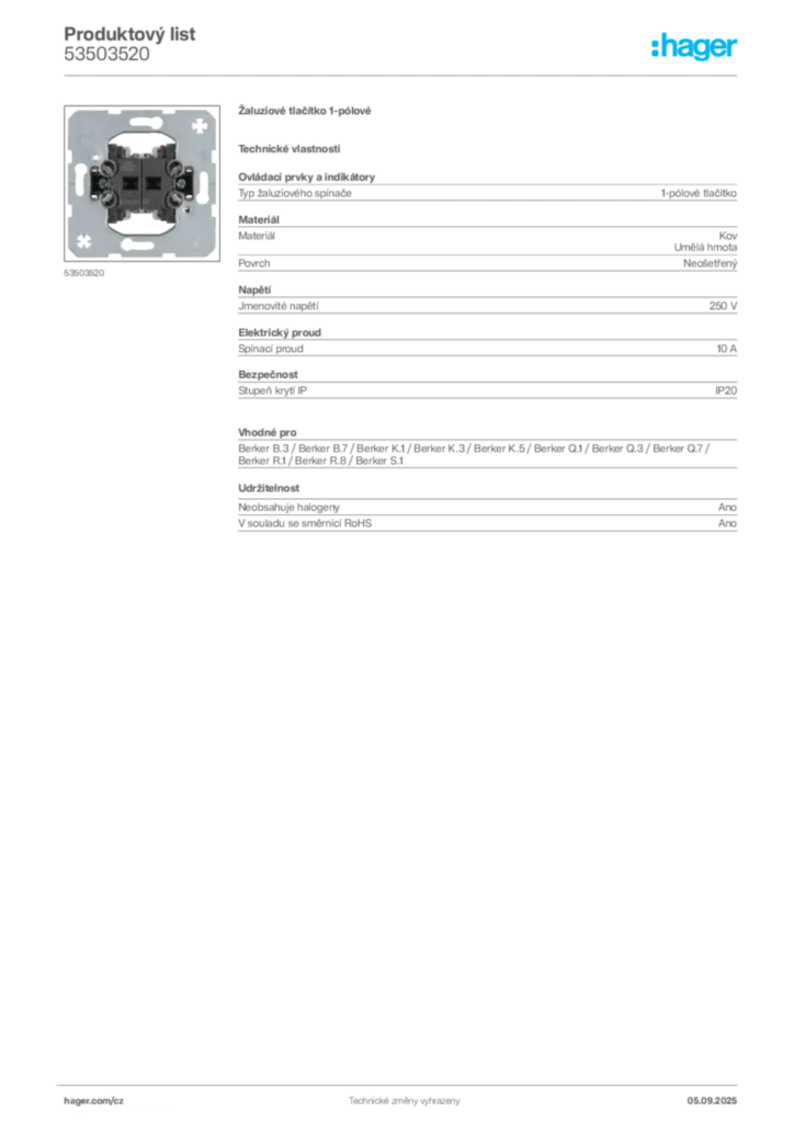 Obrázek Hager Produktový list 53503520 | Hager
