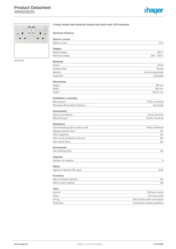 Image Hager Product data sheet WMSS82N  | Hager