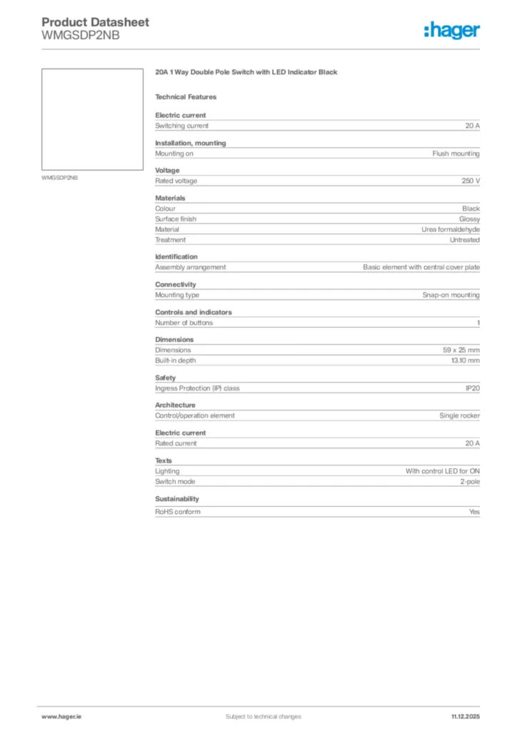 Image Hager Product data sheet WMGSDP2NB  | Hager