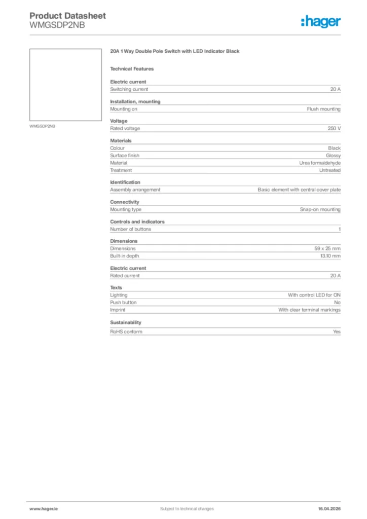 Image Hager Product data sheet WMGSDP2NB  | Hager