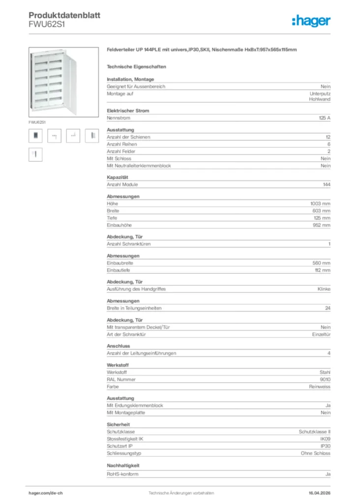 Bild Hager Produktdatenblatt FWU62S1 | Hager Schweiz