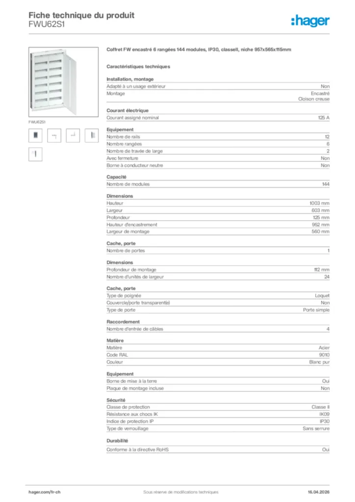 Image Hager Fiche technique du produit FWU62S1 | Hager Suisse