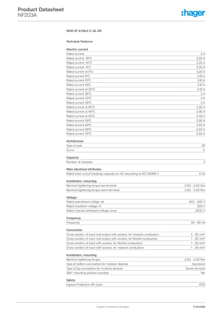 Image Hager Product data sheet NF203A  | Hager Africa