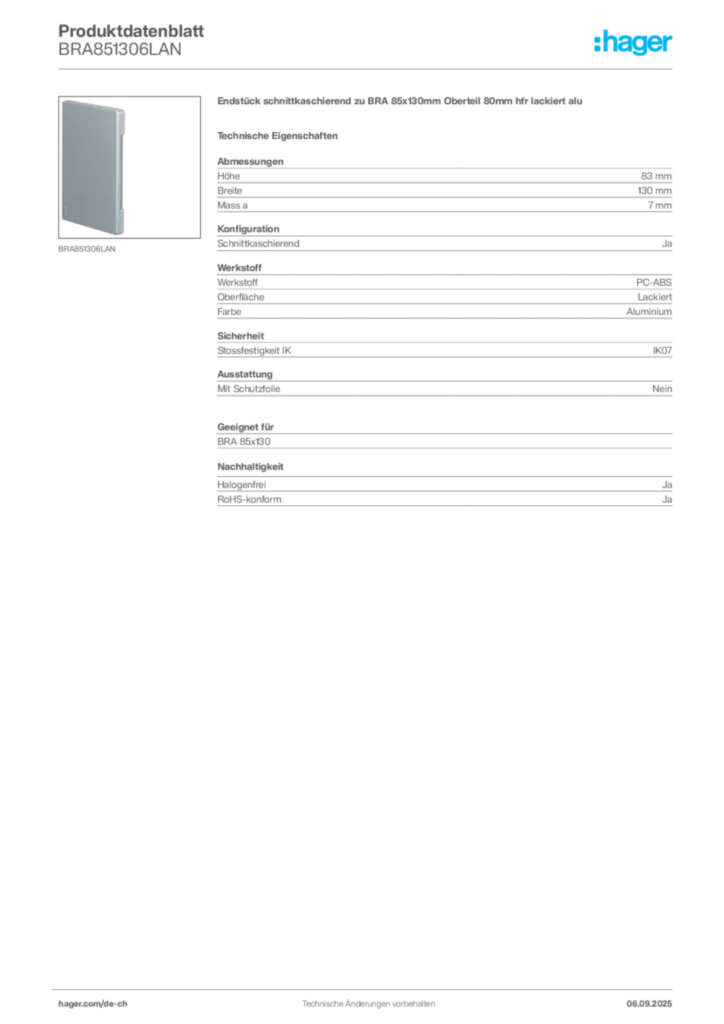 Bild Hager Produktdatenblatt BRA851306LAN | Hager Schweiz