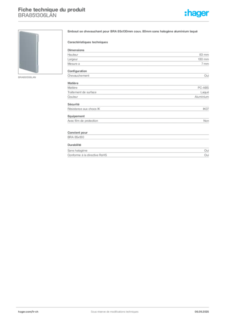 Image Hager Fiche technique du produit BRA851306LAN | Hager Suisse