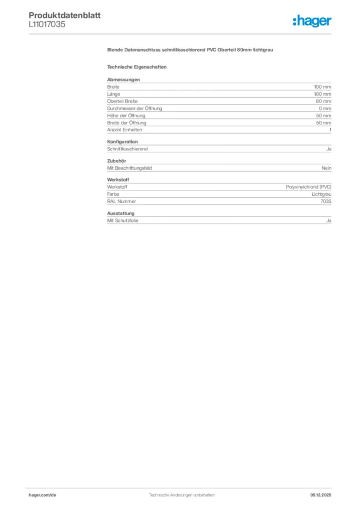 Bild Hager Produktdatenblatt L11017035 | Hager Deutschland