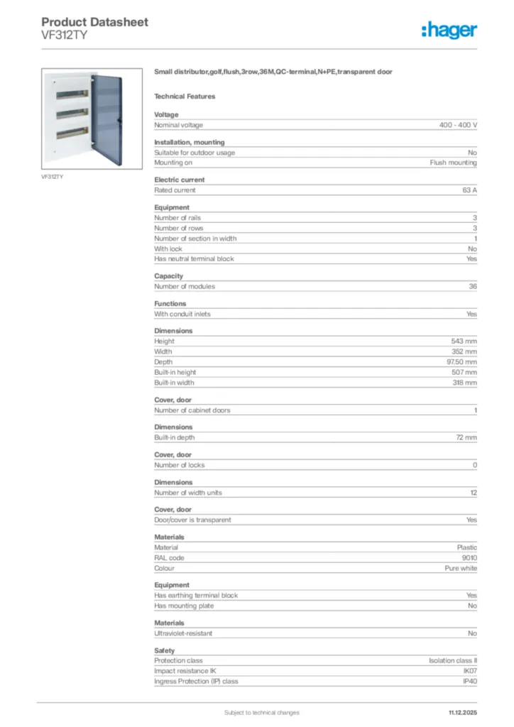 Image Hager Product data sheet VF312TY  | Hager Africa