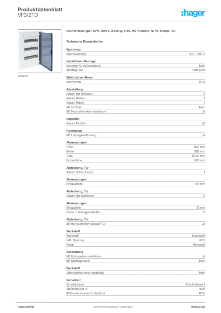 Bild Hager Produktdatenblatt VF312TD | Hager Deutschland