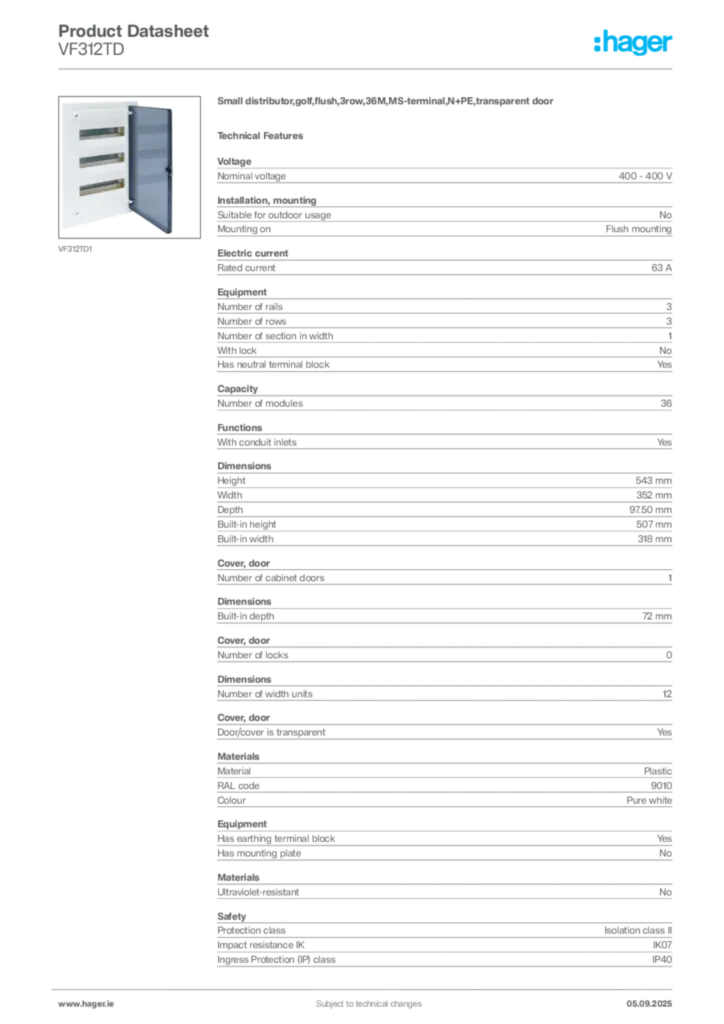 Image Hager Product data sheet VF312TD  | Hager