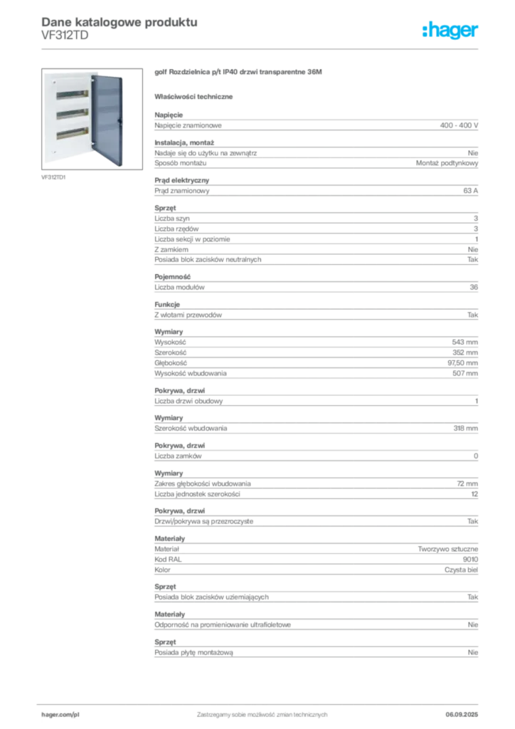Zdjęcie Hager Dane katalogowe produktu VF312TD | Hager Polska