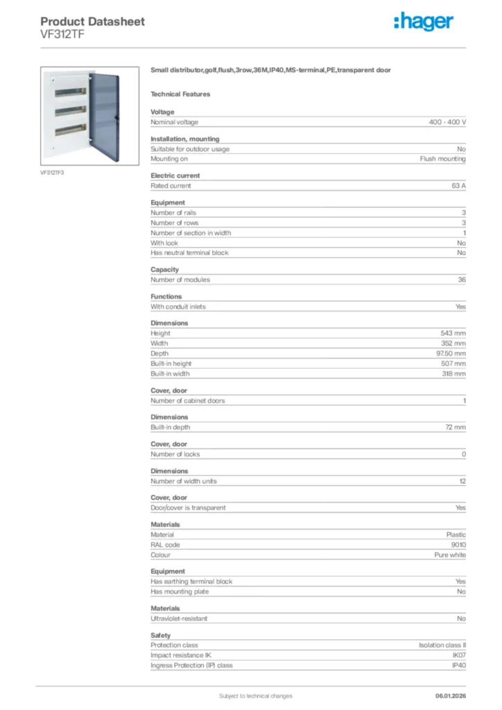 Image Hager Product data sheet VF312TF  | Hager Africa