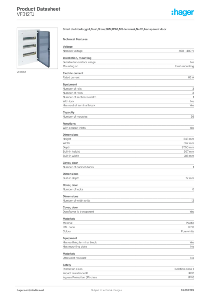 Image Hager Product data sheet VF312TJ  | Hager