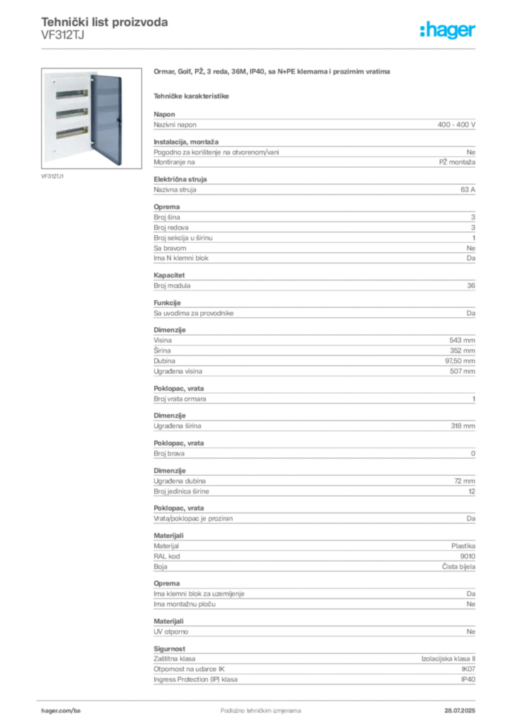 Slika Hager Product data sheet VF312TJ  | Hager