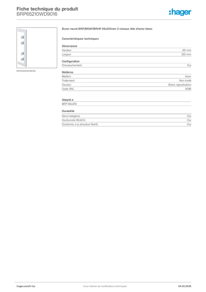 Image Hager Fiche technique du produit BRP65210WD9016 | Hager Belgique