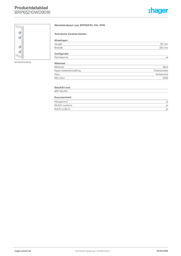 Afbeelding Hager Productdatablad BRP65210WD9016 | Hager Belgium