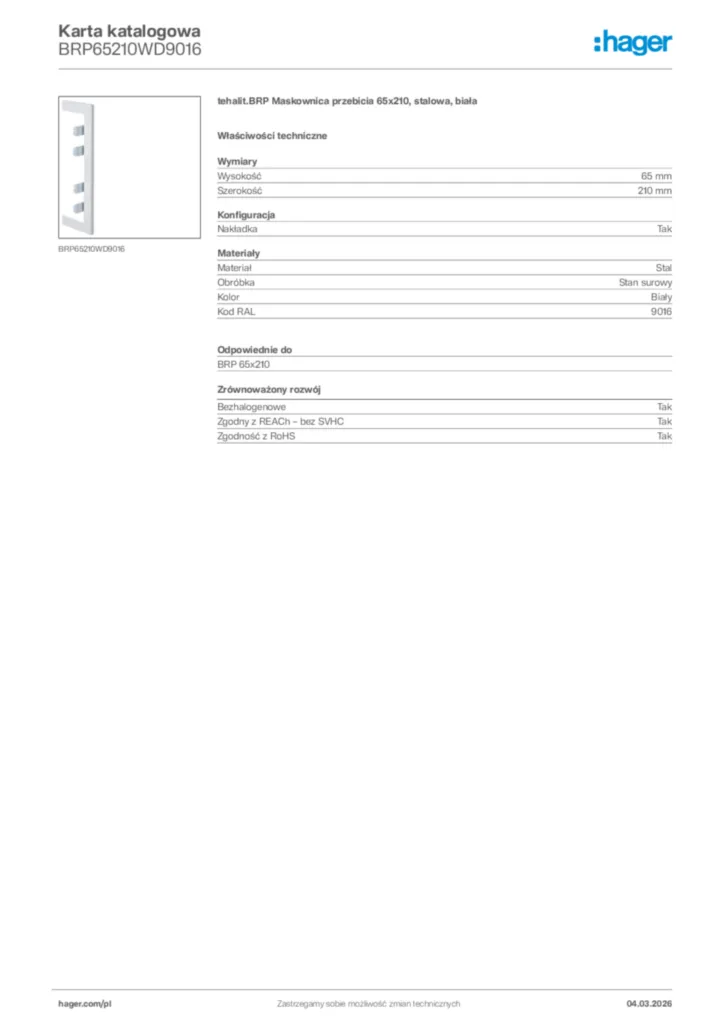 Zdjęcie Hager Karta katalogowa BRP65210WD9016 | Hager Polska