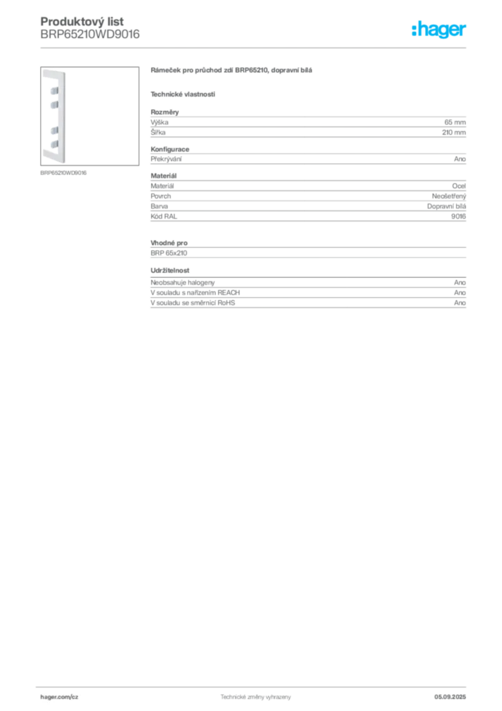Obrázek Hager Produktový list BRP65210WD9016 | Hager