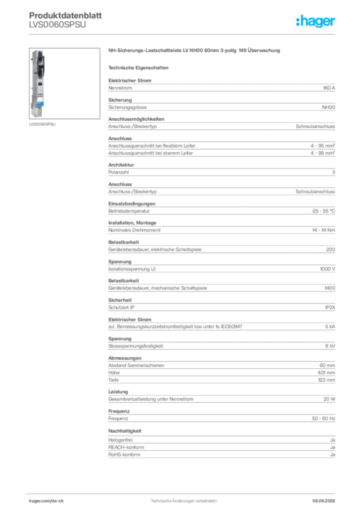 Bild Hager Produktdatenblatt LVS0060SPSU | Hager Schweiz