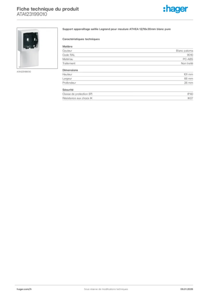 Image Hager Fiche technique du produit ATA123199010 | Hager France