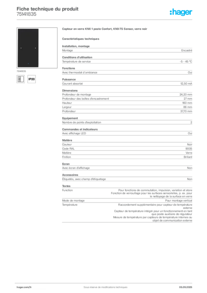 Image Hager Fiche technique du produit 75141835 | Hager France