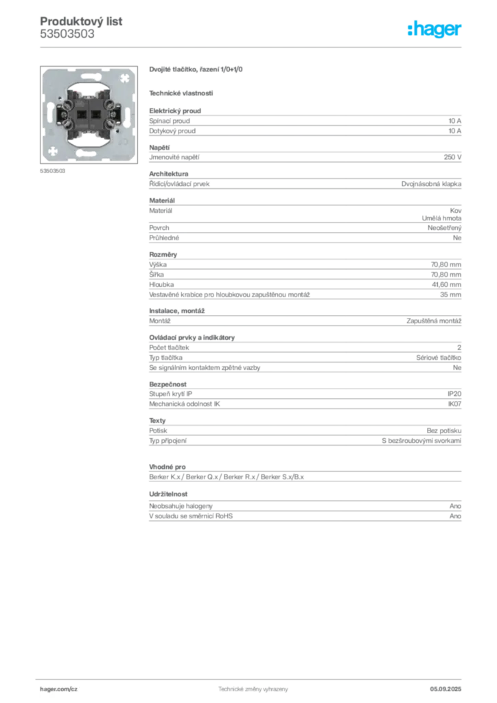 Obrázek Hager Produktový list 53503503 | Hager