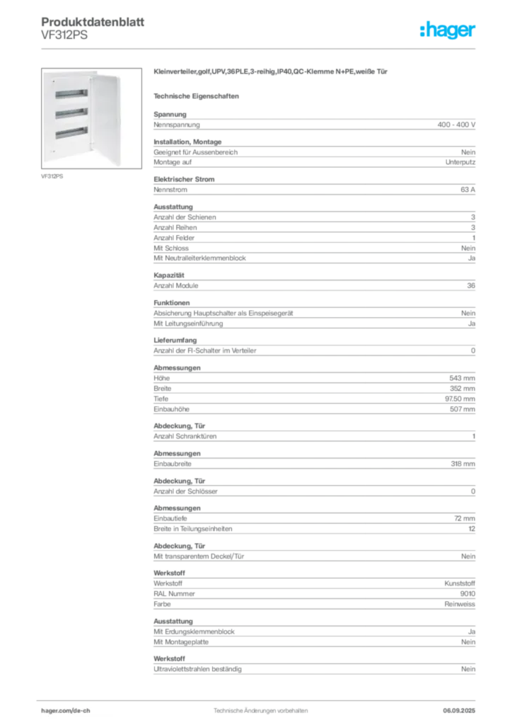 Bild Hager Produktdatenblatt VF312PS | Hager Schweiz