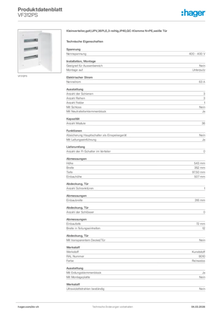 Bild Hager Produktdatenblatt VF312PS | Hager Schweiz