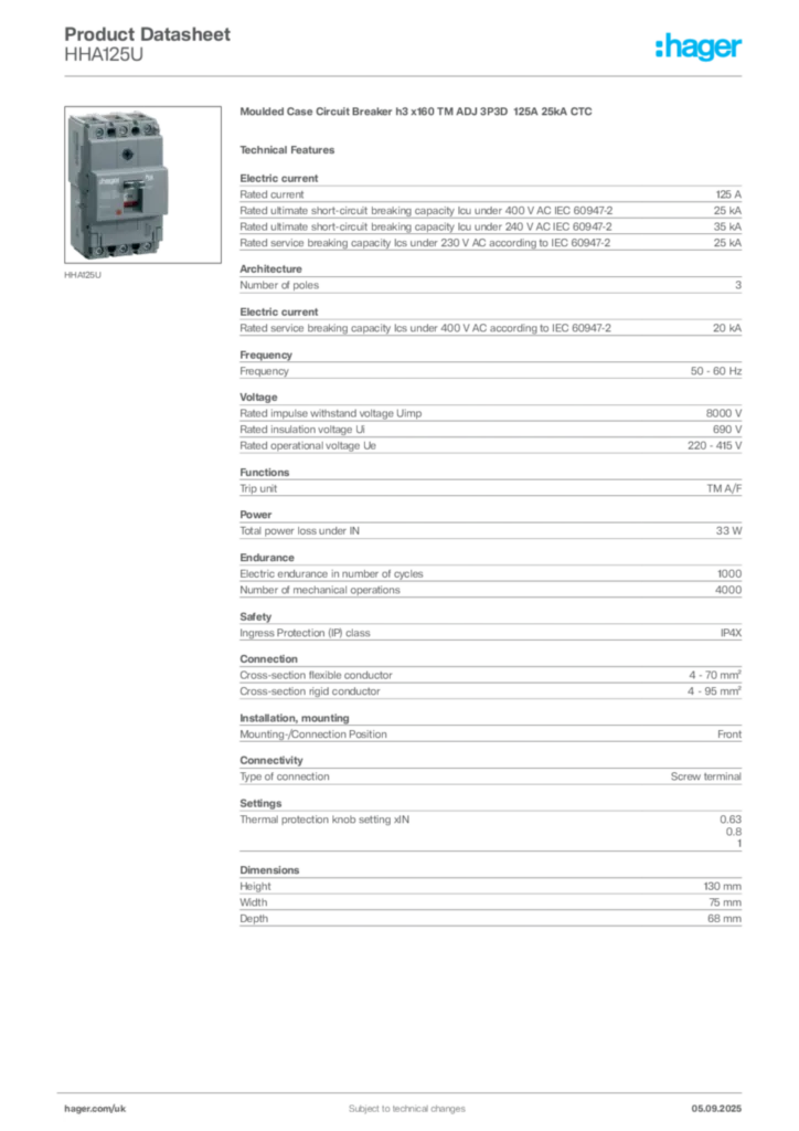 Image Hager Product data sheet HHA125U  | Hager