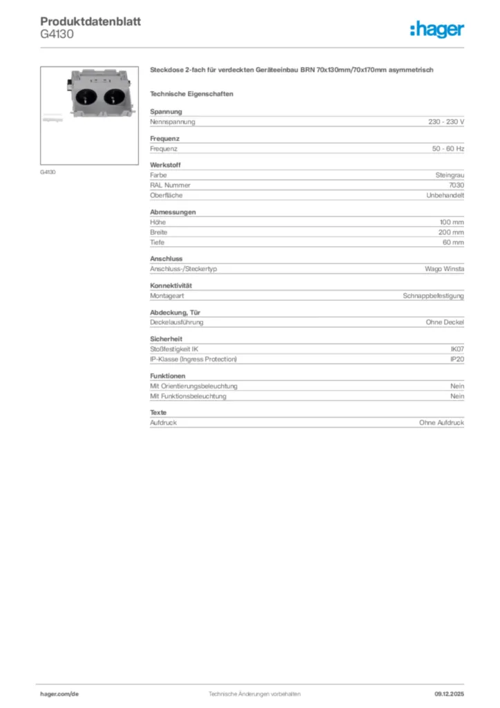 Bild Hager Produktdatenblatt G4130 | Hager Deutschland