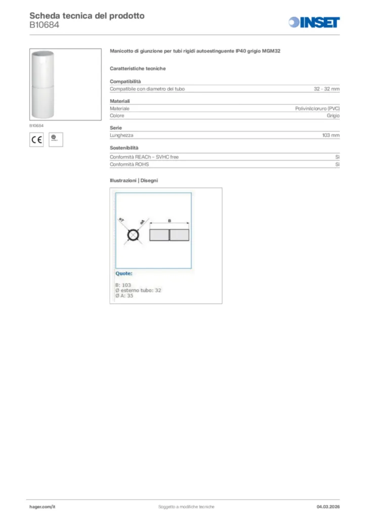 Immagine Inset Scheda tecnica del prodotto B10684 | Hager Italia