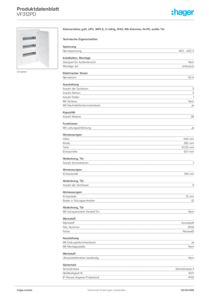Bild Hager Produktdatenblatt VF312PD | Hager Deutschland