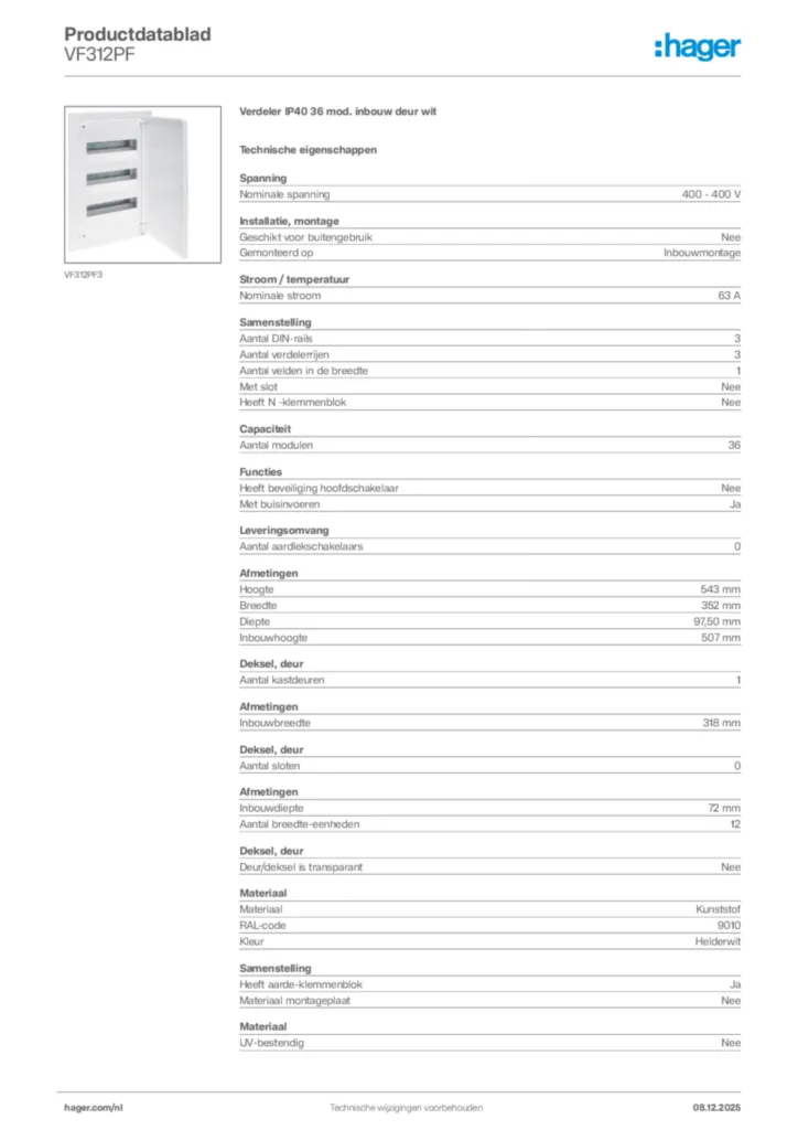 Afbeelding Hager Productdatablad VF312PF | Hager Nederland