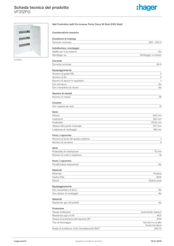 Immagine Hager Scheda tecnica del prodotto VF312PG | Hager Italia
