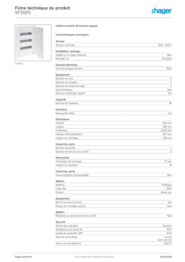 Image Hager Fiche technique du produit VF312PJ | Hager Afrique