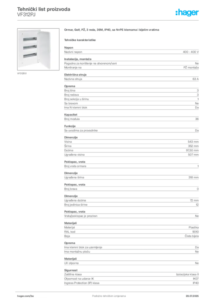 Slika Hager Product data sheet VF312PJ  | Hager