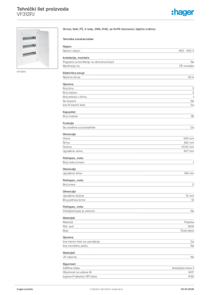 Slika Hager Tehnički list proizvoda VF312PJ  | Hager