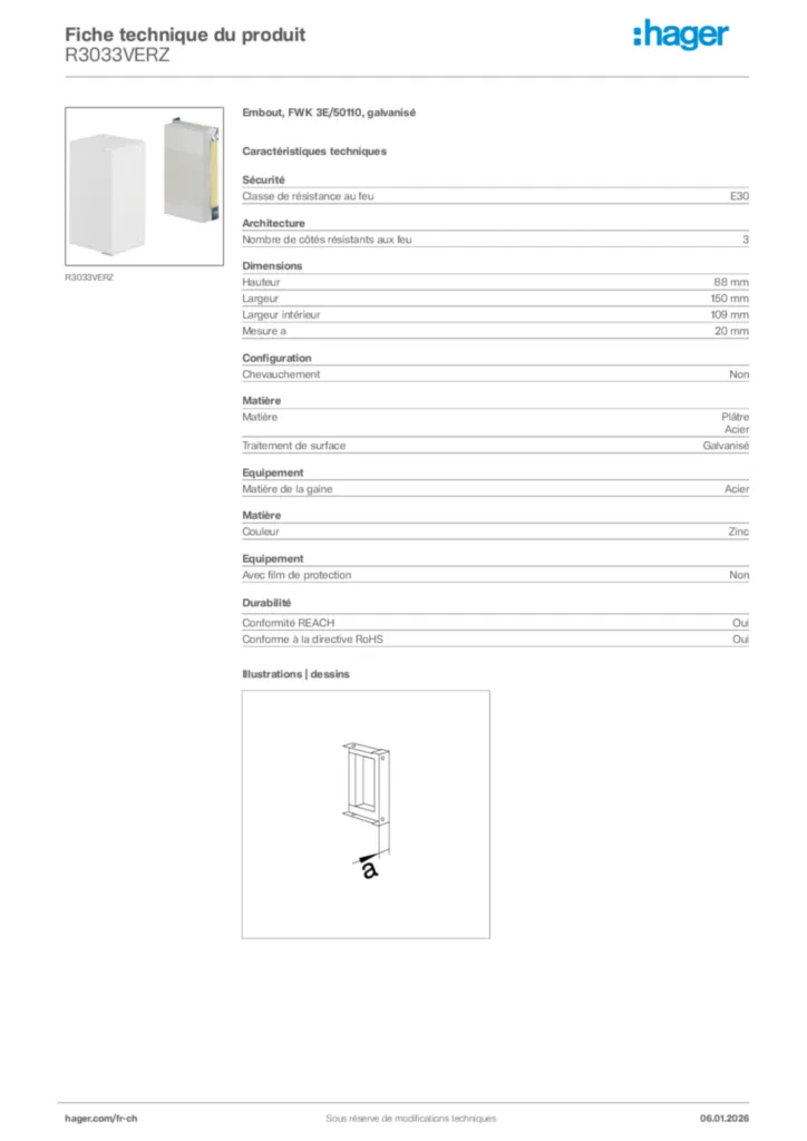 Image Hager Fiche technique du produit R3033VERZ | Hager Suisse