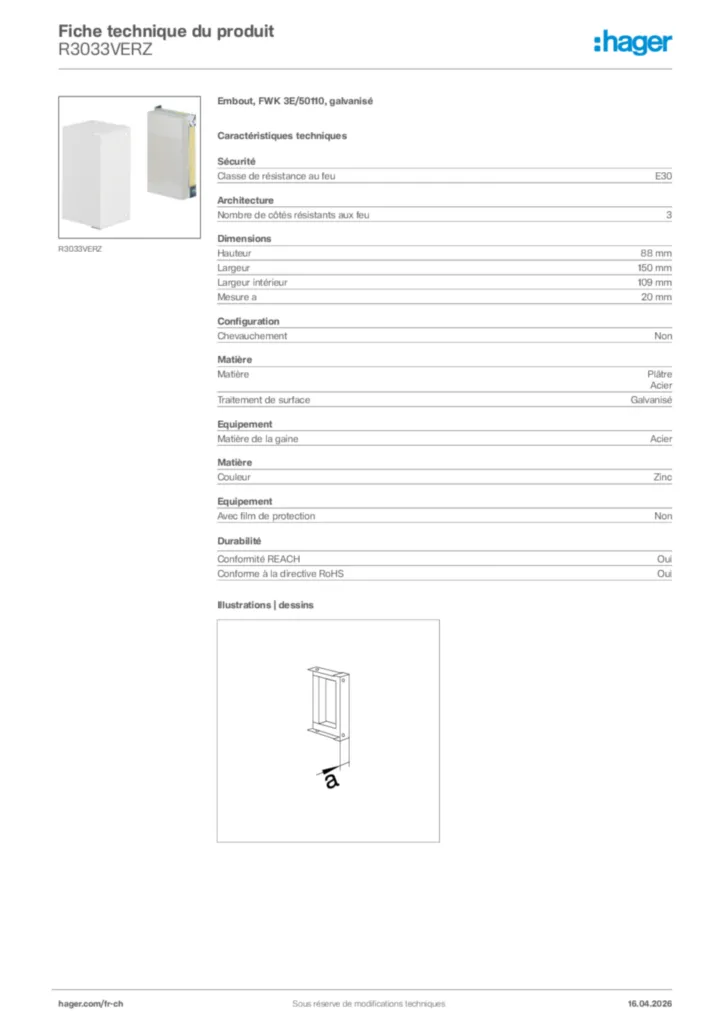 Image Hager Fiche technique du produit R3033VERZ | Hager Suisse