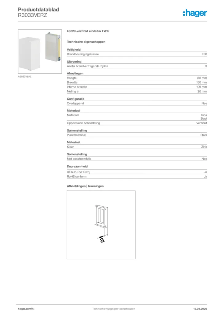 Afbeelding Hager Productdatablad R3033VERZ | Hager Nederland