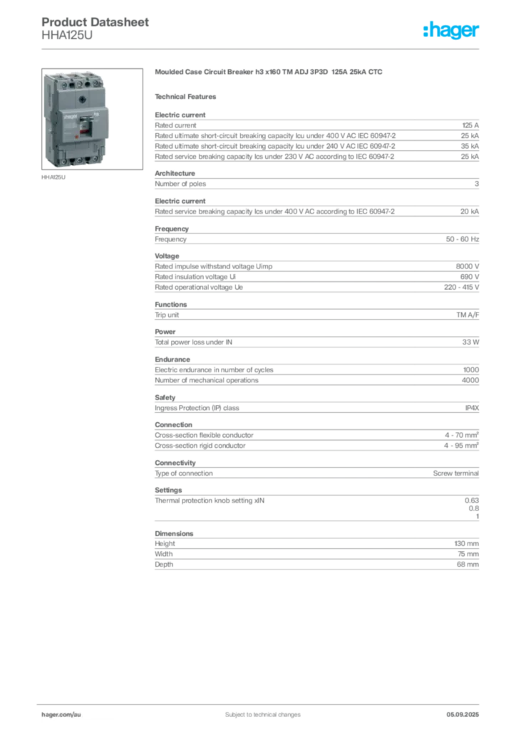 Image Hager Product data sheet HHA125U  | Hager Australia