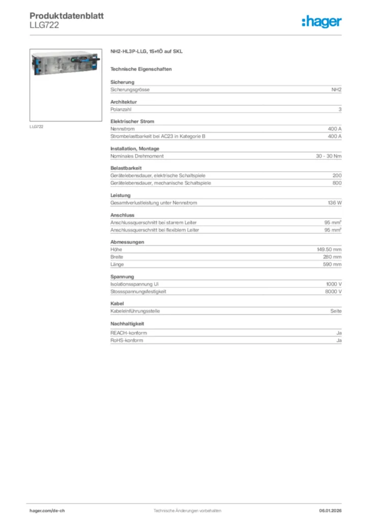 Bild Hager Produktdatenblatt LLG722 | Hager Schweiz