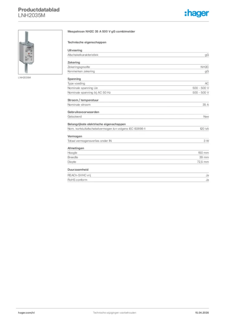 Afbeelding Hager Productdatablad LNH2035M | Hager Nederland