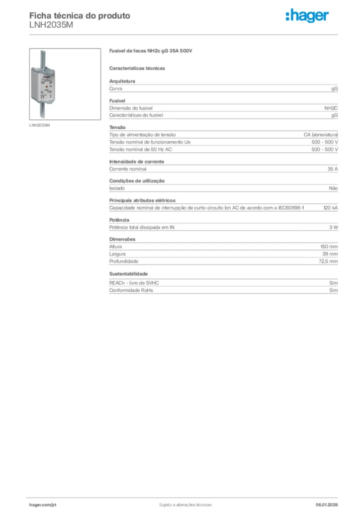 Imagem Hager Ficha técnica do produto LNH2035M | Hager Portugal