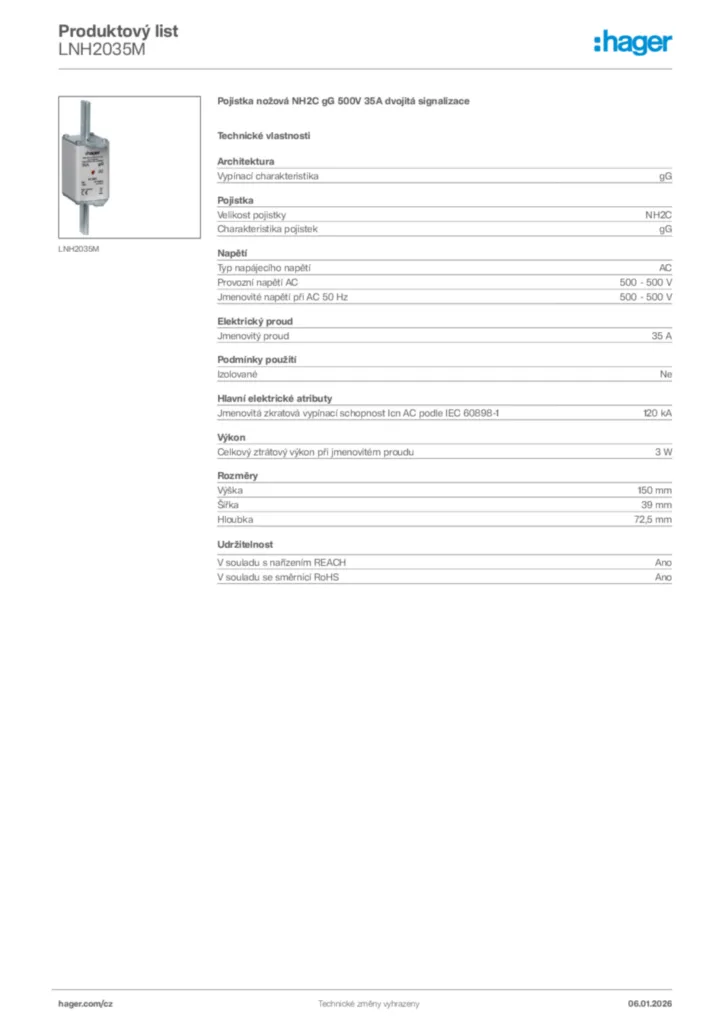 Obrázek Hager Product data sheet LNH2035M | Hager